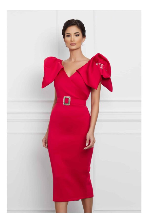 Rochie Ilinca rosie din neopren cu volane la maneci si curea in talie