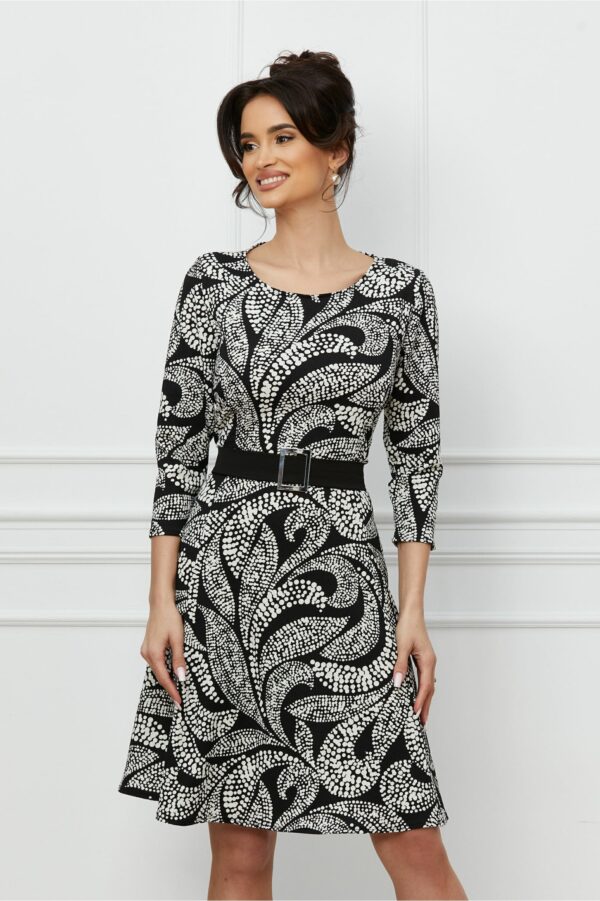 Rochie Isabela neagra cu imprimeu alb si cordon in talie