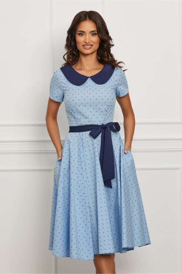 Rochie Iulia bleu cu guler rotund si cordon in talie
