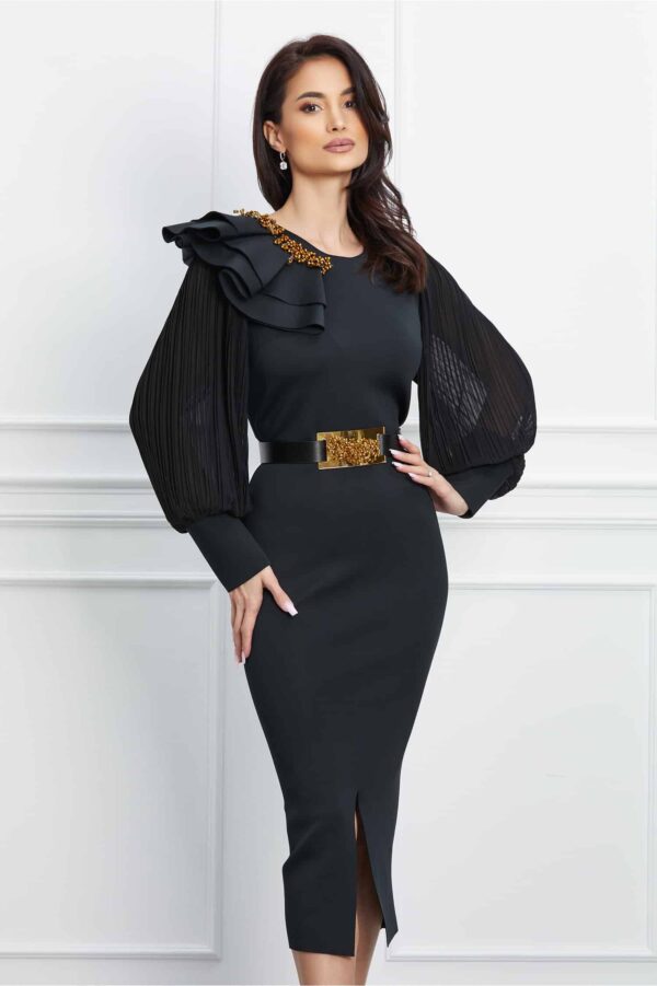 Rochie Jesica neagra din neopren cu accesoriu pe umar si curea