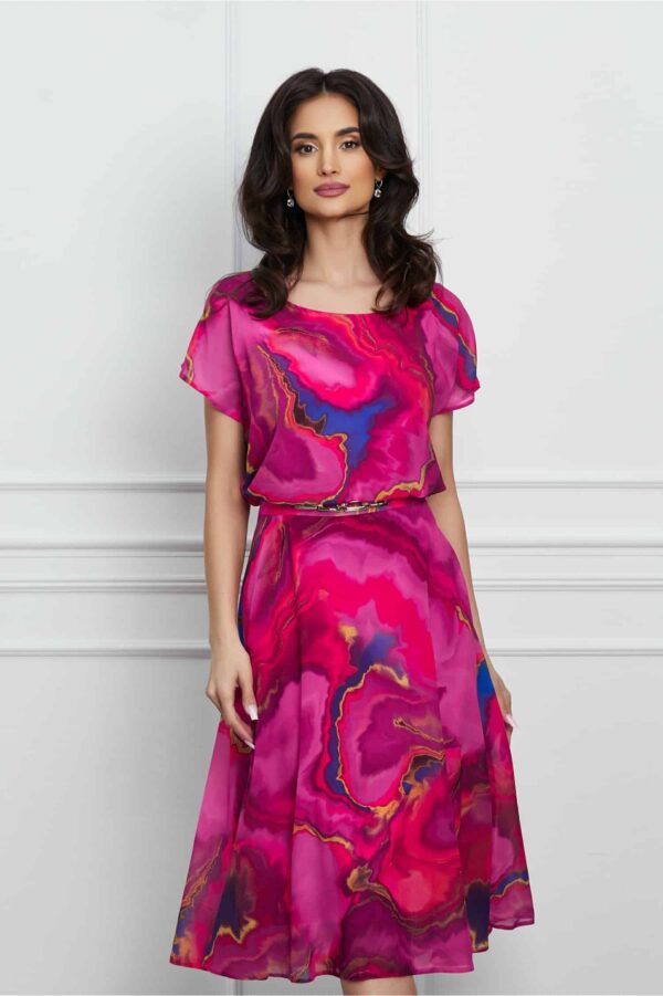 Rochie Klera fuchsia cu imprimeu orange si accesoriu metalic in talie