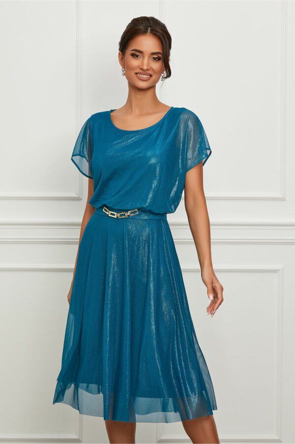 Rochie Klera turcoaz metalizat si accesoriu metalic in talie