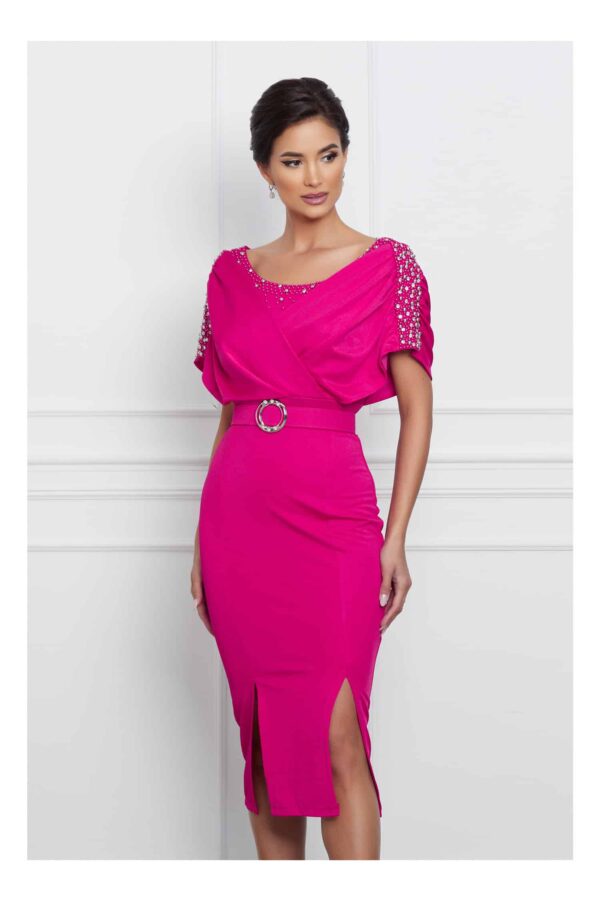 Rochie Larisa fucsia cu perlute si curea in talie
