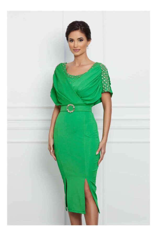 Rochie Larisa verde cu perlute si curea in talie