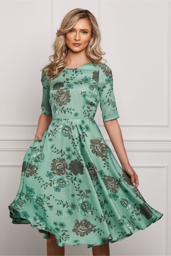 Rochie Larisa verde mint cu flori gri