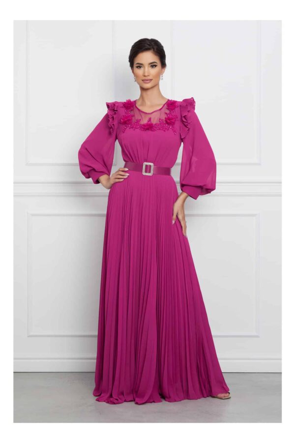 Rochie Laura magenta lunga cu broderie florala si curea in talie
