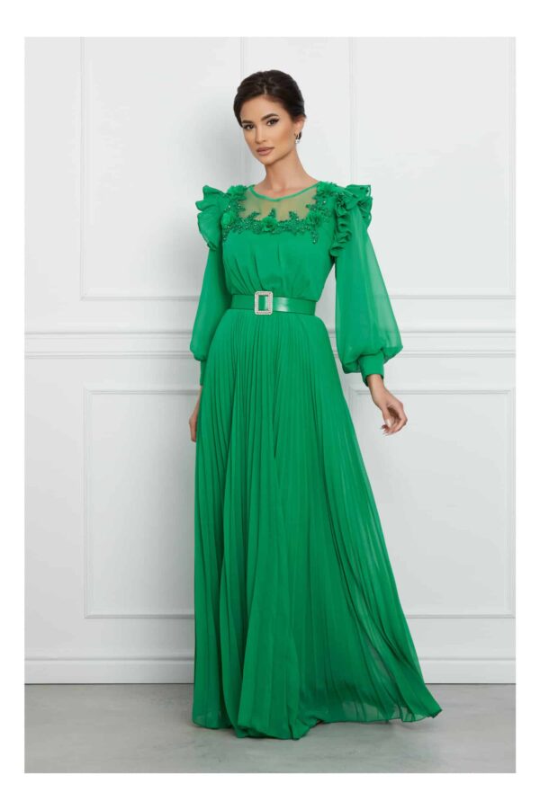 Rochie Laura verde lunga cu broderie florala si curea in talie
