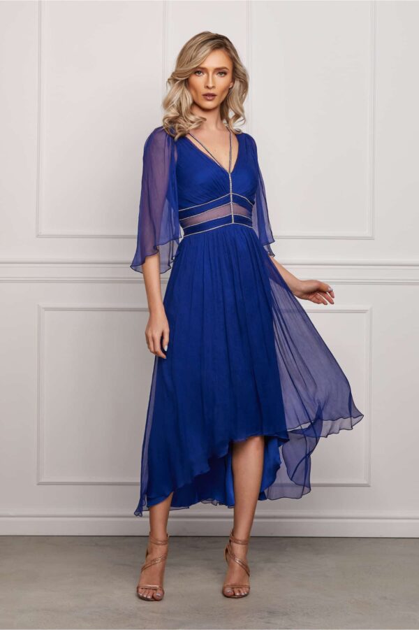 Rochie Leonard Collection albastra din matase naturala accesorizata cu strasuri la bust