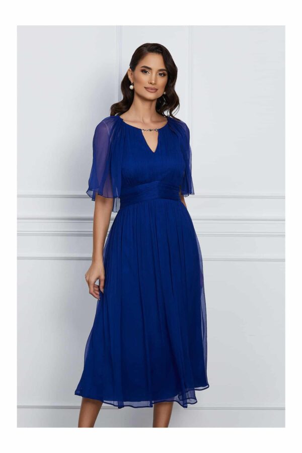 Rochie Leonard Collection albastra din matase naturala cu maneci scurte tip capa