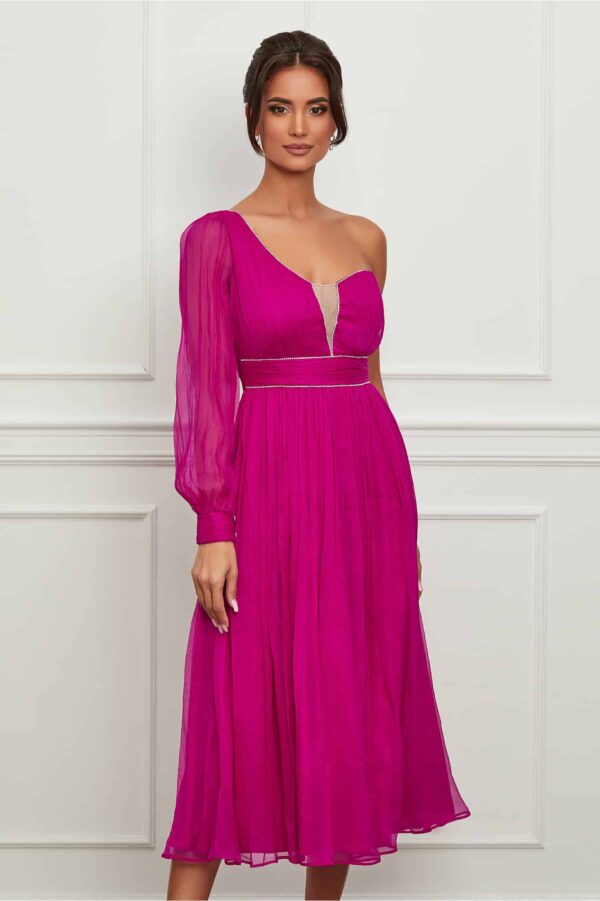 Rochie Leonard Collection fucsia din matase cu un umar gol