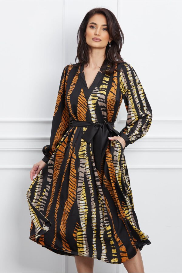 Rochie Leonard Collection neagra cu imprimeuri maro si cordon in talie
