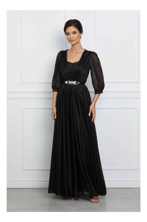 Rochie Luiza neagra lunga cu paiete la bust si glitter
