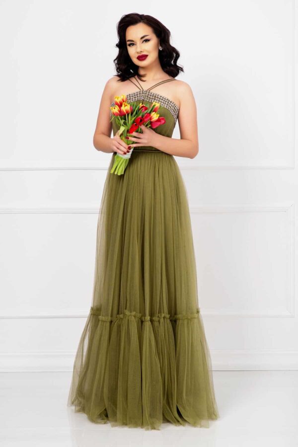 Rochie lunga de seara Christine kaki cu model din strassuri