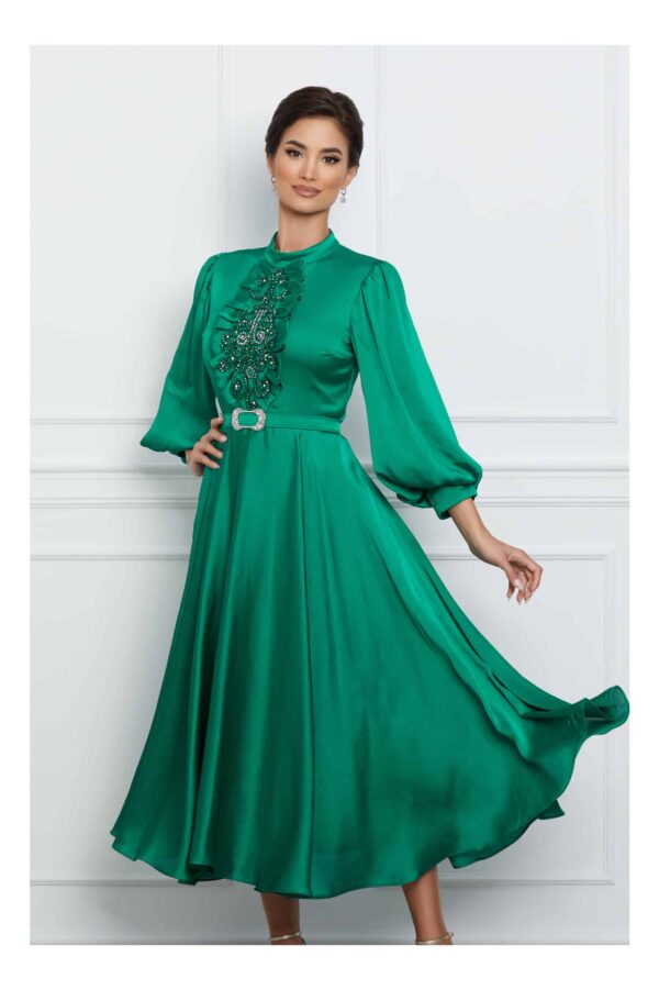 Rochie Marina verde din satin cu margelute la bust