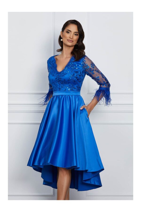 Rochie MBG albastra cu bust din dantela si pene la maneci