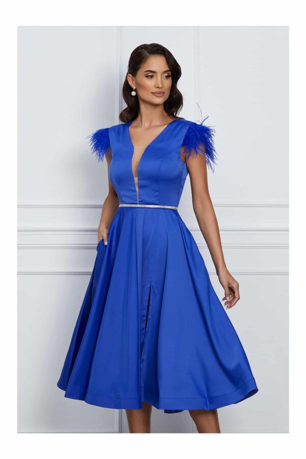 Rochie MBG albastra din satin cu pene la maneci
