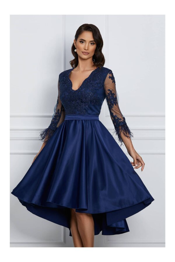 Rochie MBG bleumarin cu bust din dantela si pene la maneci