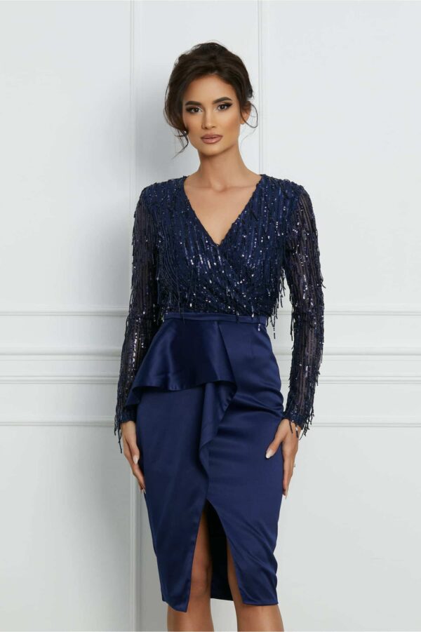 Rochie MBG bleumarin cu franjuri din paiete si peplum in talie