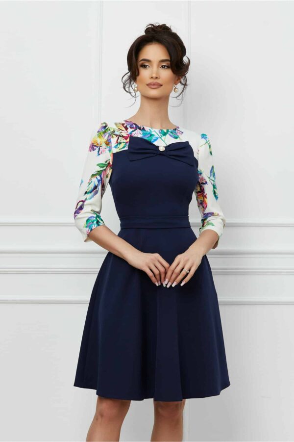 Rochie MBG bleumarin cu imprimeu si funda la bust