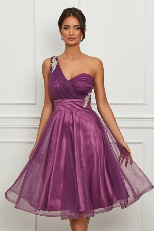 Rochie MBG mov din tull cu accesorii in talie si pe umar