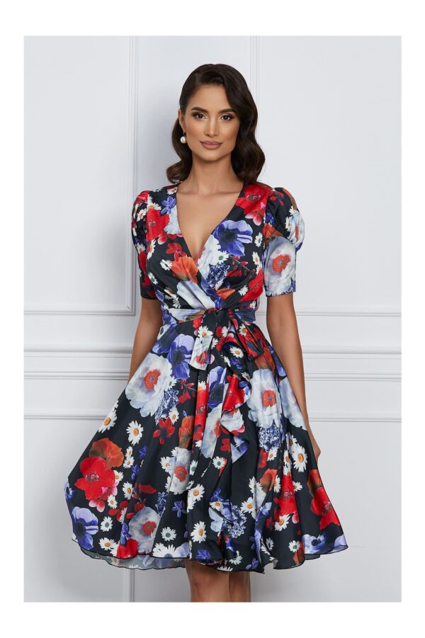 Rochie MBG neagra cu imprimeu floral si cordon in talie