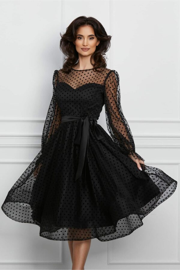 Rochie MBG neagra din tull cu buline si cordon satinat in talie