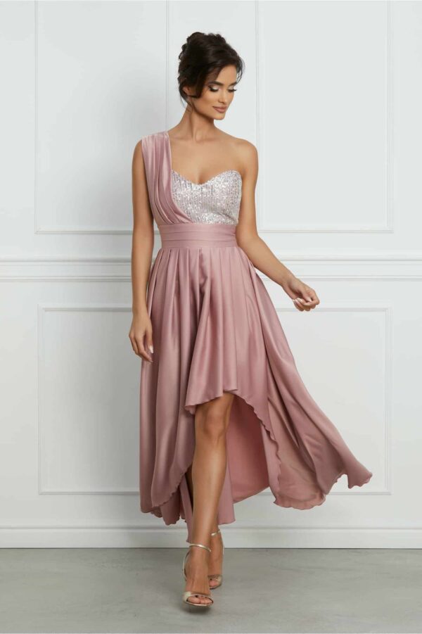 Rochie MBG roz asimetrica cu paiete la bust