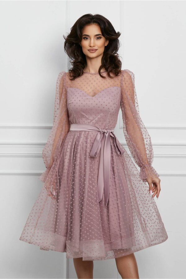 Rochie MBG roz din tull cu buline si cordon satinat in talie