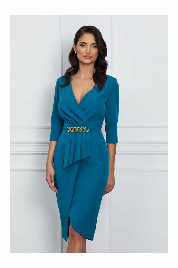 Rochie MBG turcoaz cu peplum si accesoriu in talie