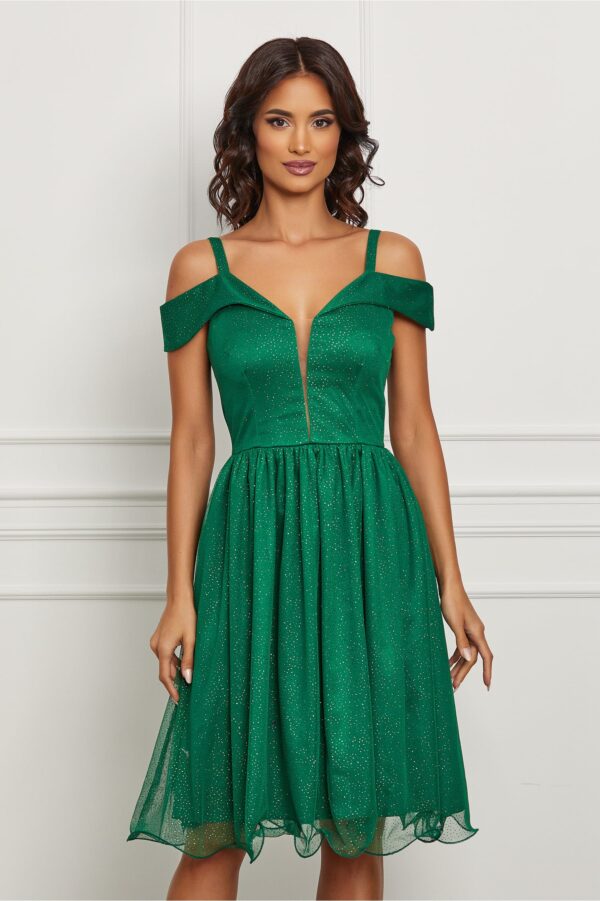 Rochie MBG verde cu glitter si umeri goi
