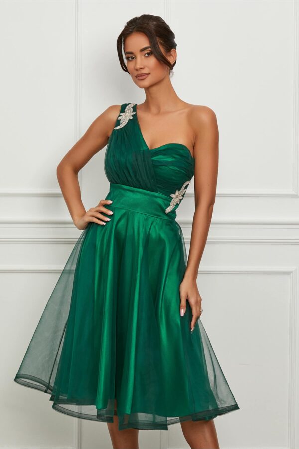 Rochie MBG verde din tull cu accesorii in talie si pe umar