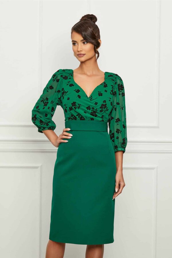 Rochie Mirabela verde cu imprimeuri negre catifelate la bust