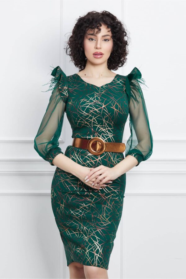 Rochie Miriam verde din neopren cu imprimeu aramiu si pene la umeri