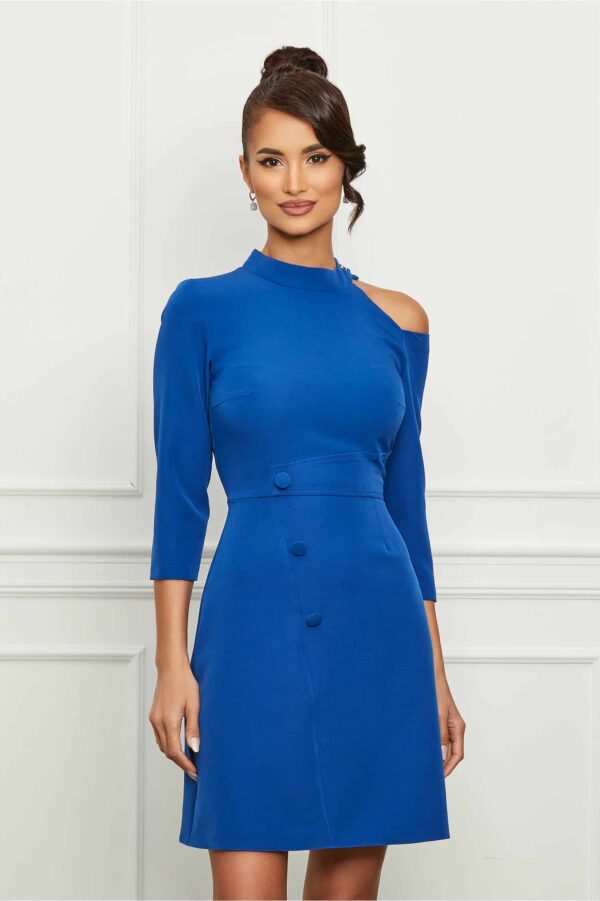 Rochie Moze albastra cu un umar gol si nasturi pe fusta