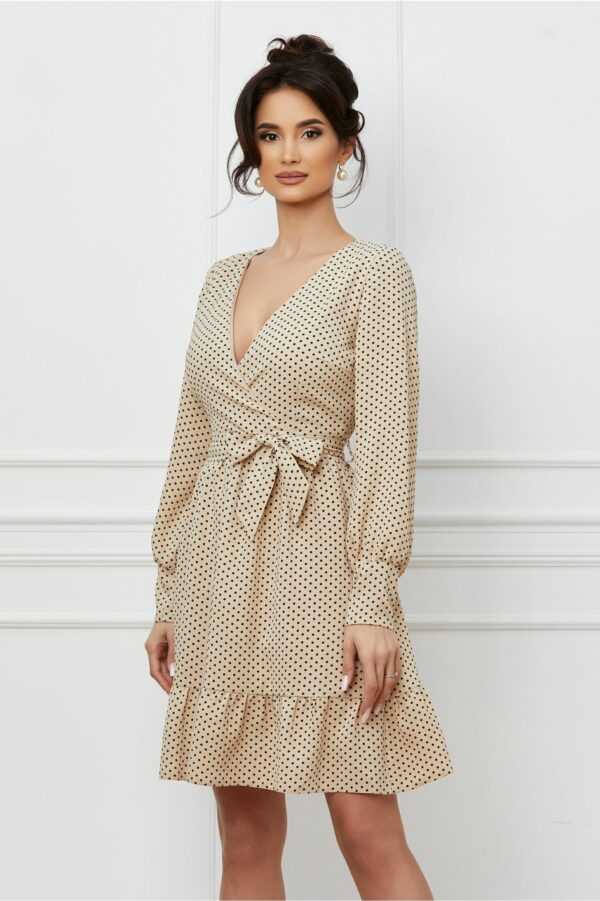 Rochie Moze bej cu buline negre si cordon in talie