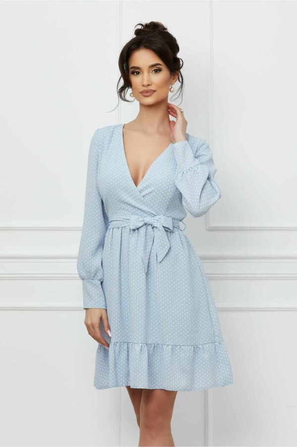 Rochie Moze bleu cu buline albe si cordon in talie