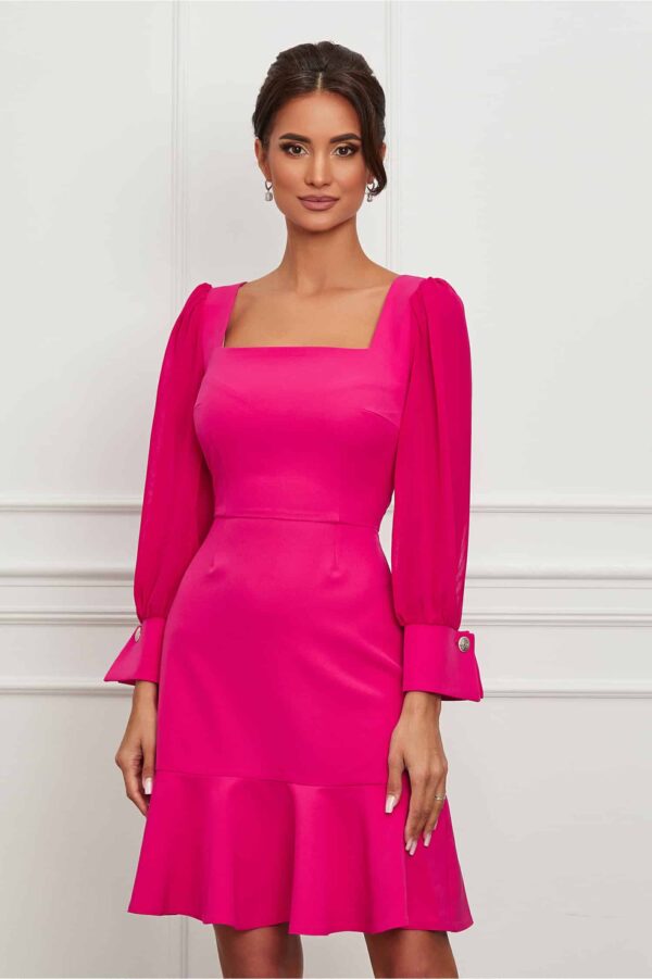 Rochie Moze fucsia cu maneci din voal si volan plisat la baza