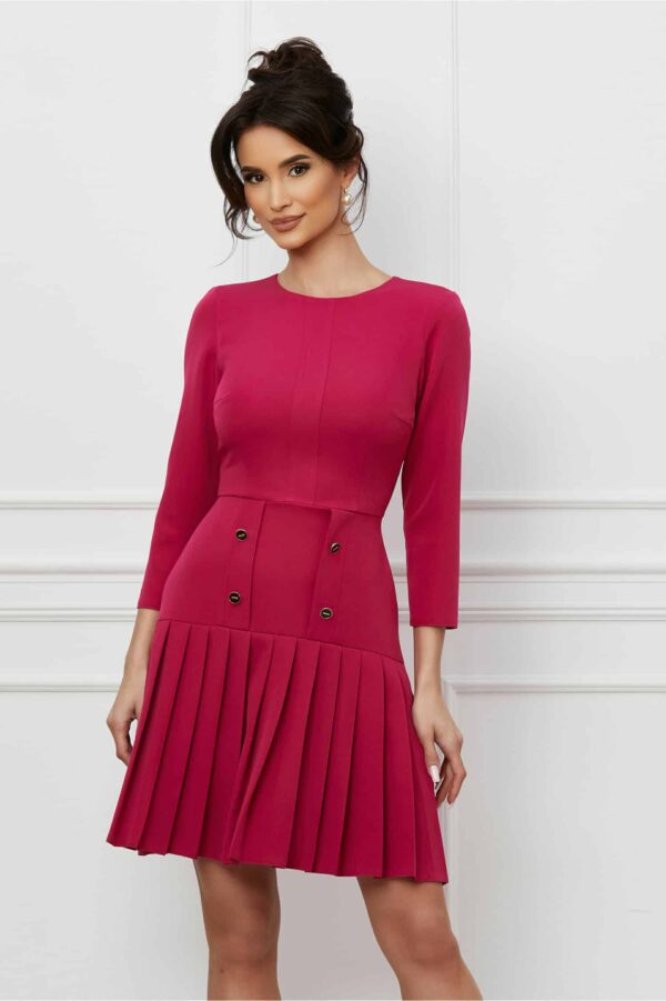 Rochie Moze magenta cu nasturi pe fusta si pliuri la baza