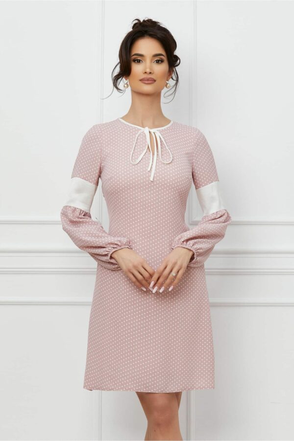 Rochie Moze roz cu buline albe si buzunare