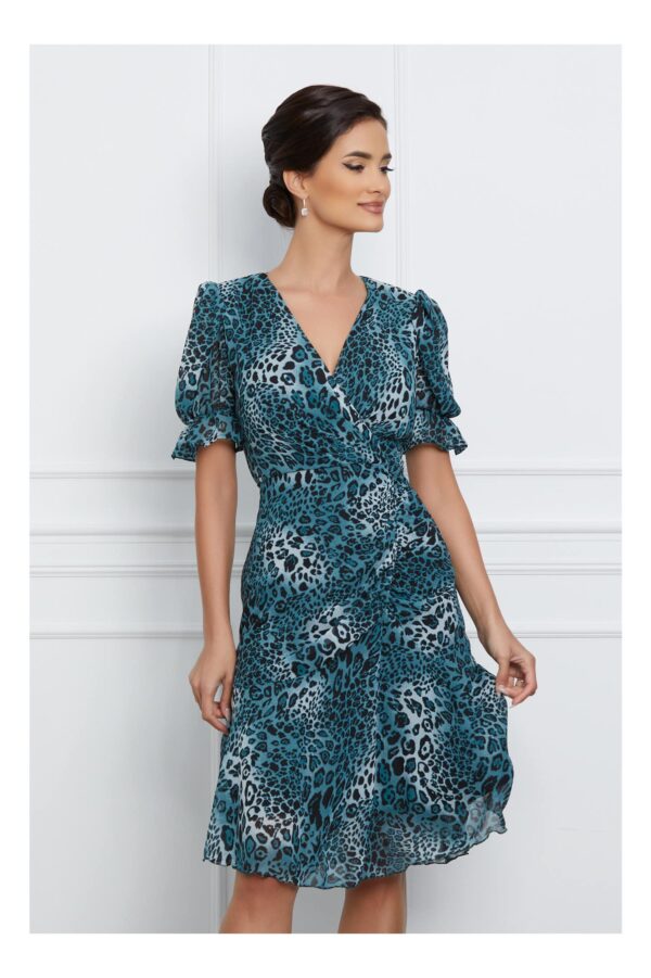 Rochie Nadia turcoaz cu animal print si fronseu pe fusta
