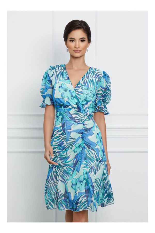 Rochie Nadia verde mint cu imprimeu floral albastru si fronseu pe fusta