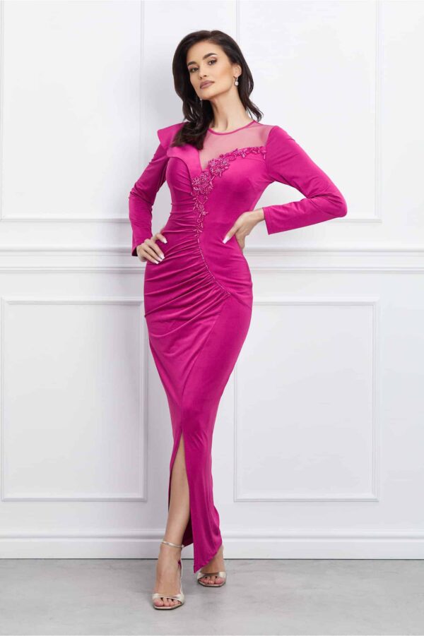 Rochie Natalia lunga fucsia cu fronseu si margele pe bust