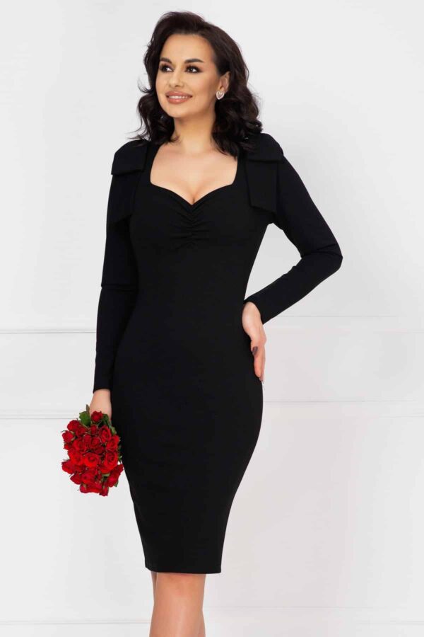 Rochie neagra de cocktail Charlotte cu fronseuri si fundite maxi
