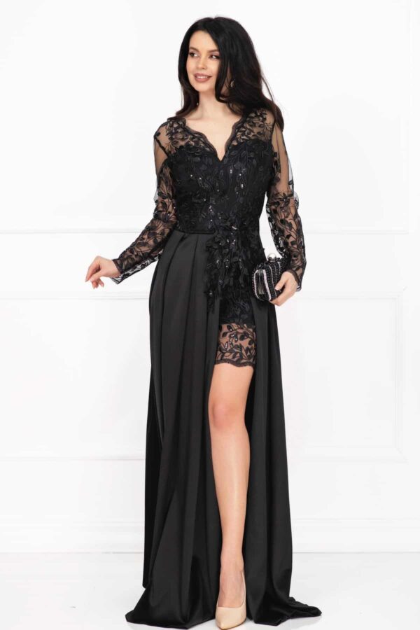 Rochie neagra de seara Ivette din dantela si fusta din tafta