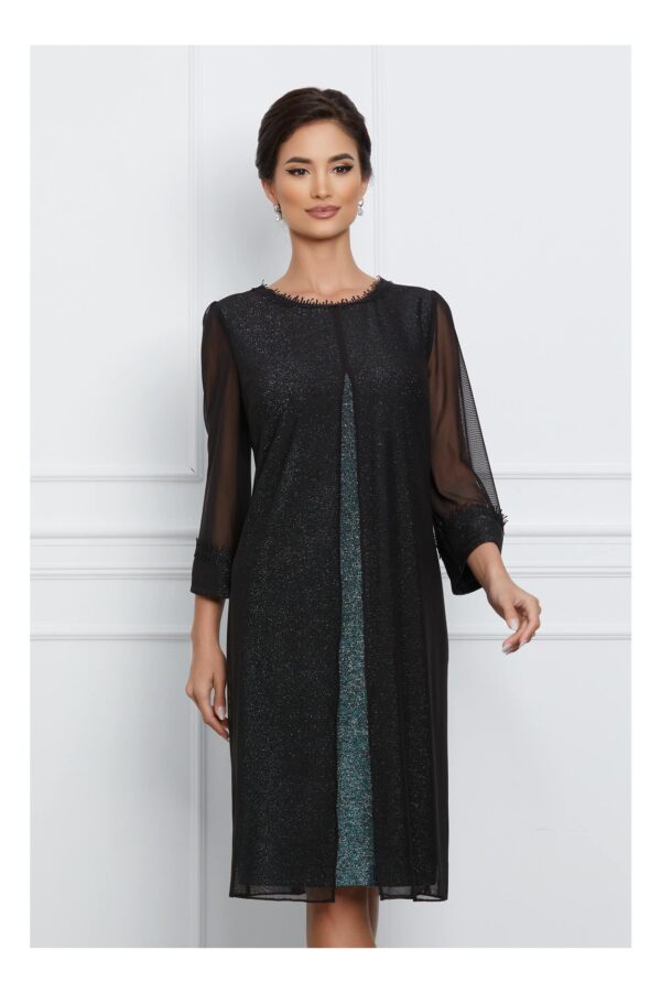 Rochie Nicoleta verde din lurex cu capa din voal negru