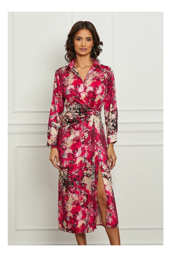 Rochie Patricia rosie cu imprimeuri bej cu nasturi la bust