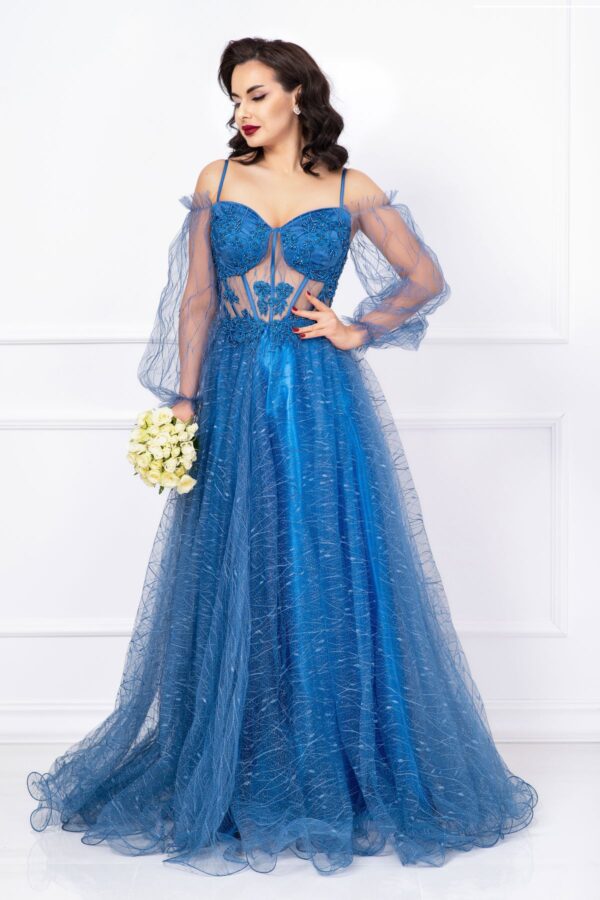 Rochie pretioasa Patrizia baby blue din tulle cu sclipici si margele