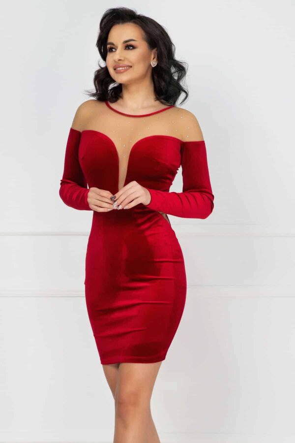 Rochie rosie de ocazie Irenne cu pietre aplicate pe tulle bej