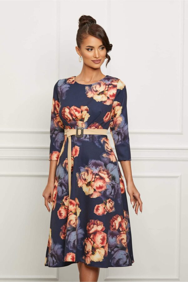 Rochie Sorana bleumarin cu imprimeu floral si cordon in talie