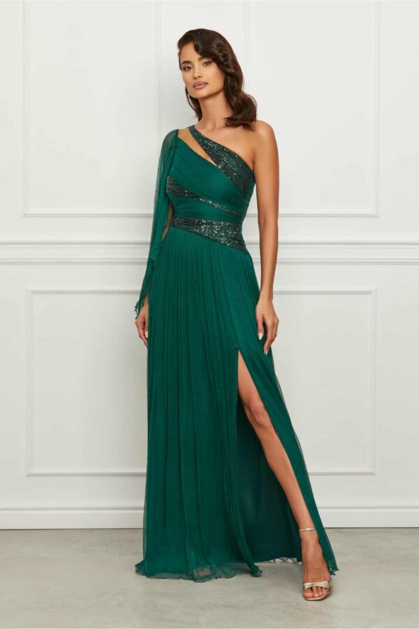 Rochie Ginette verde din matase cu un umar gol